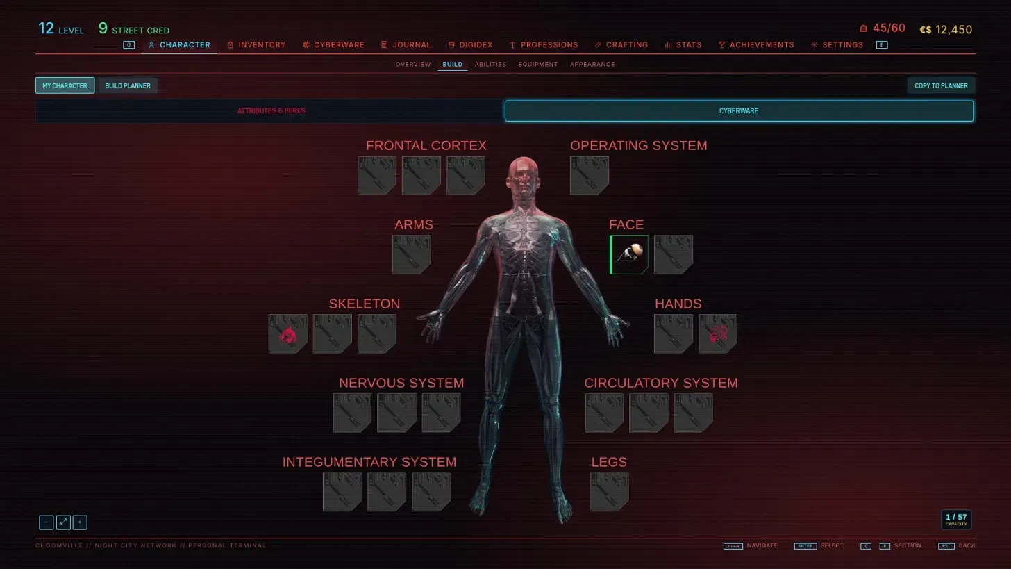 Character build screen showing cyberware slots across a body diagram
