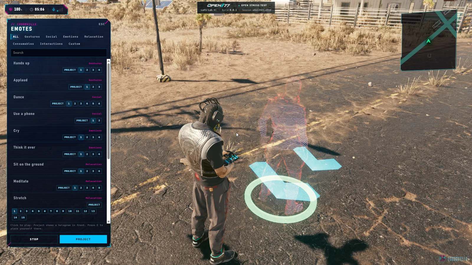 Emote menu with a hologram preview showing where the character will be placed