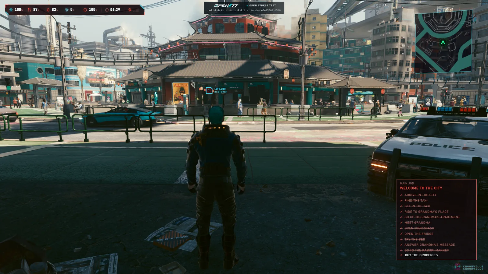 In-game view of a character in a Night City plaza with the ChoomVille HUD, minimap and the Welcome to the City quest list