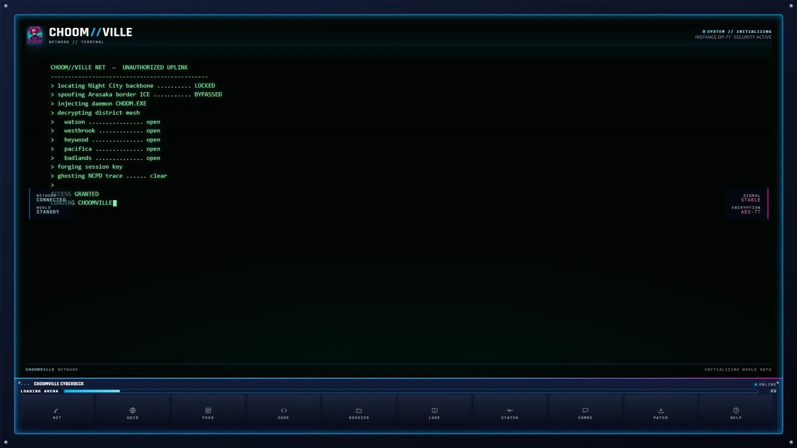 ChoomVille network terminal boot sequence with a loading bar and Cyberdeck app tabs