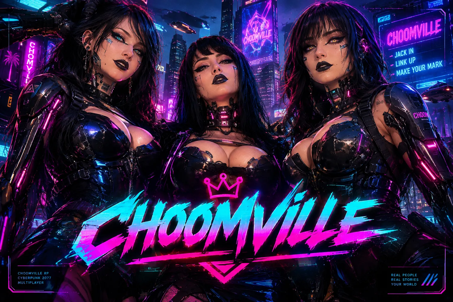 Three cyberpunk characters in chrome and neon in front of a ChoomVille billboard