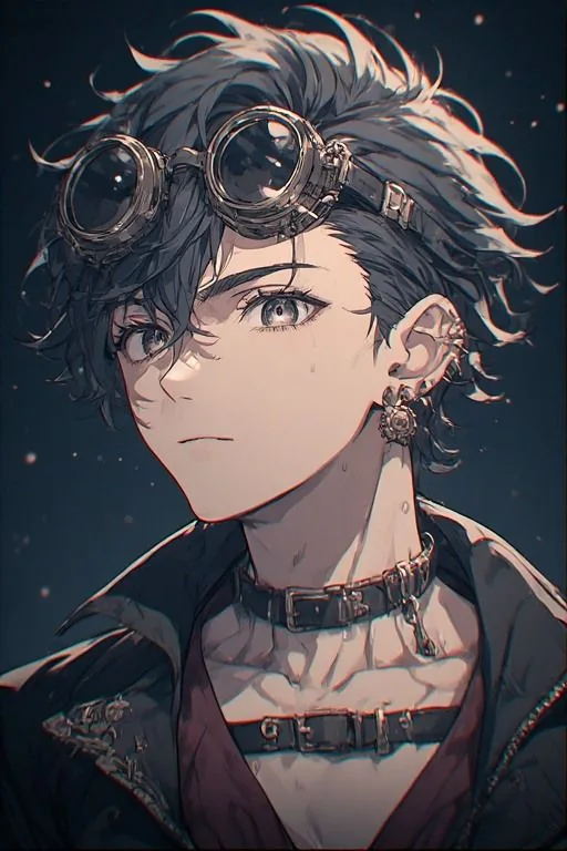 Portrait of a young man with goggles on his head and a studded collar
