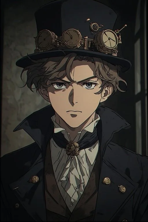 Portrait of a stern young man in a top hat with brass clockwork goggles