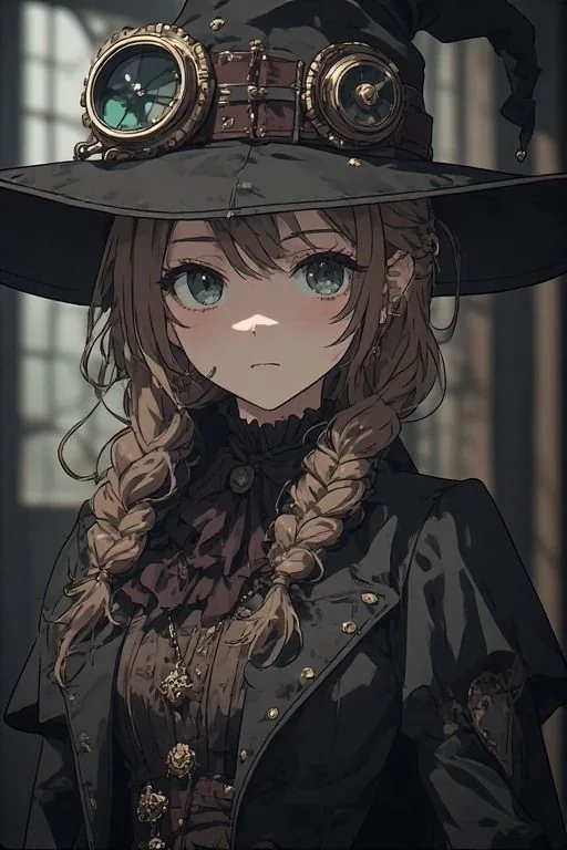 Portrait of a braided young woman in a witch hat with brass goggles