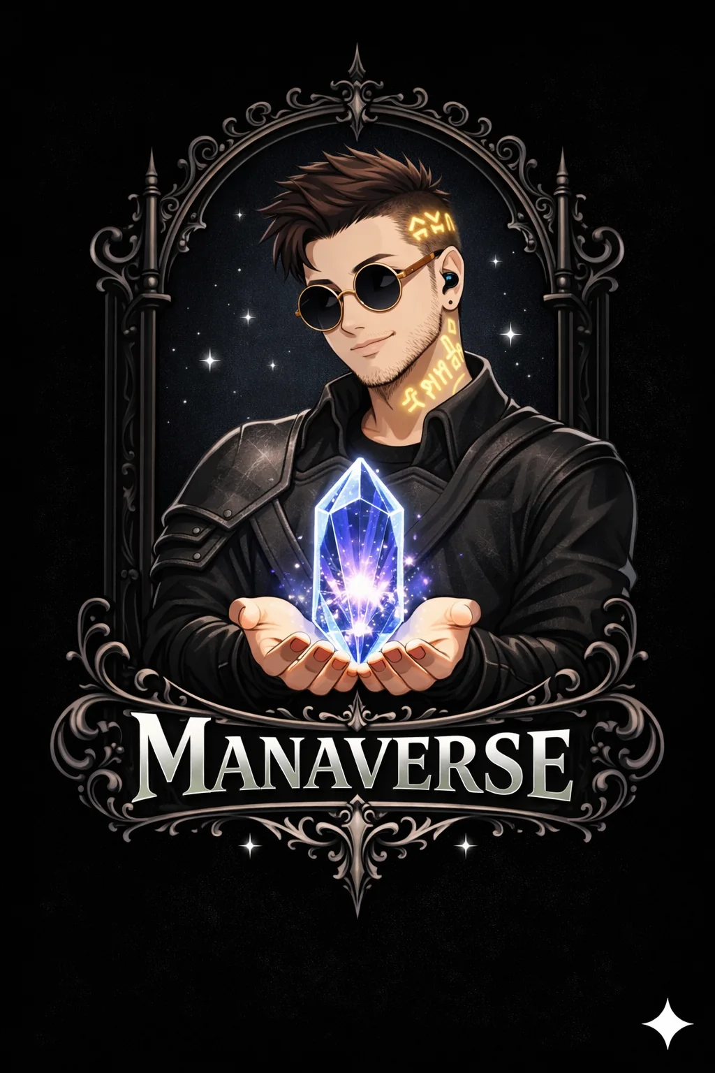 Emblem of a rune-marked man holding a glowing crystal inside an ornate frame