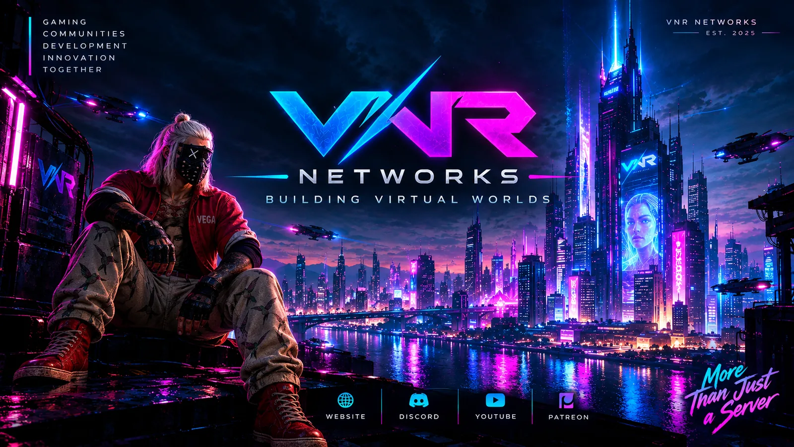VNR Networks — Building Virtual Worlds, a neon city skyline